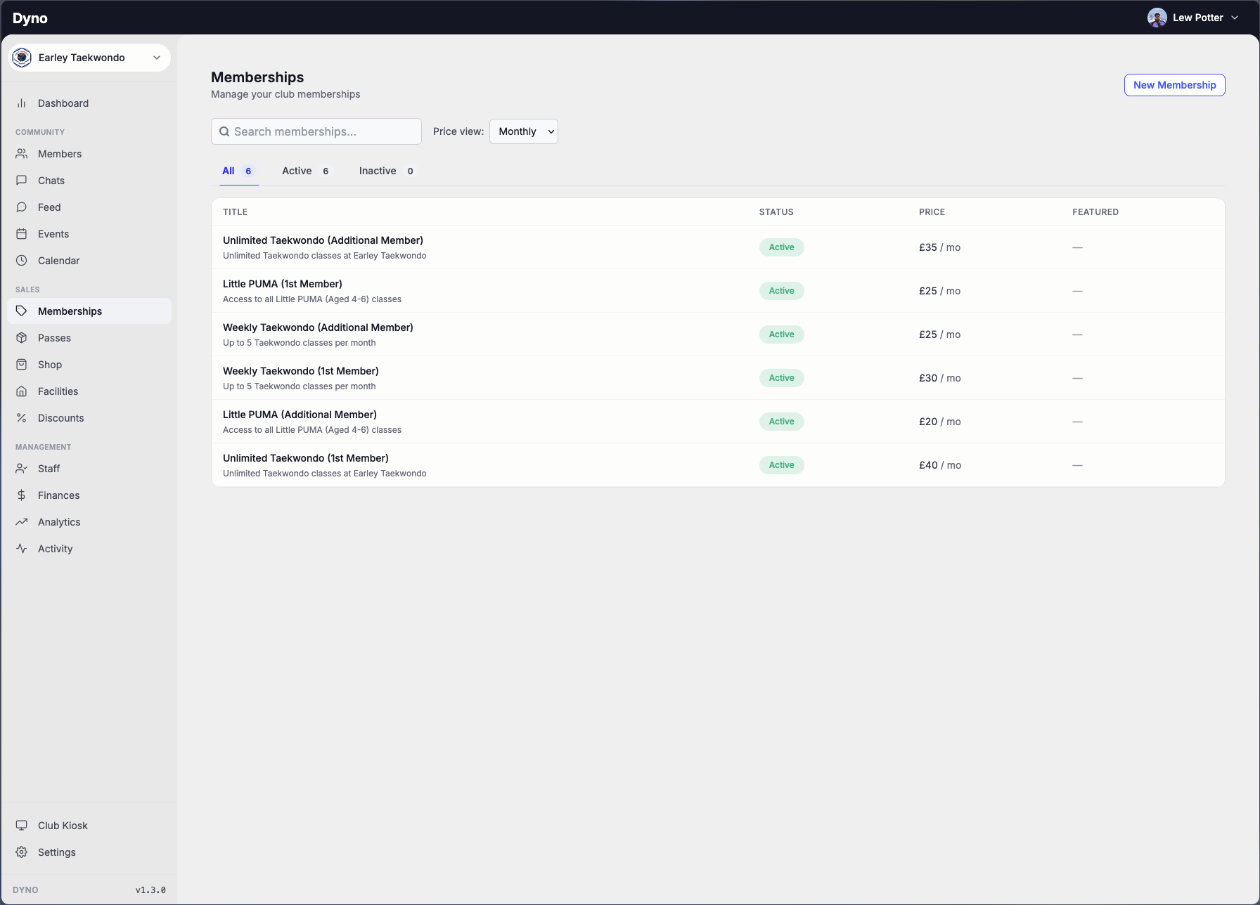 The Dyno memberships management screen