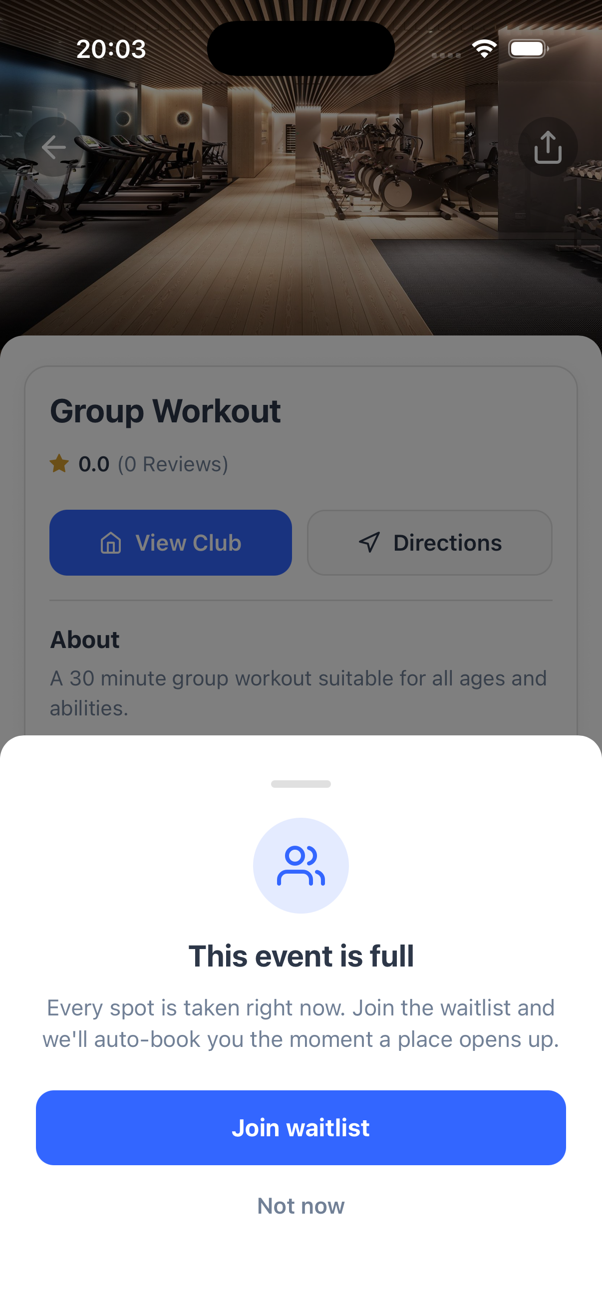 Joining a class waitlist in the Dyno member app